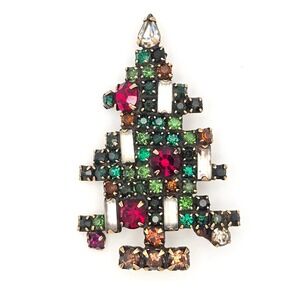 Vintage 50s Weiss 5 Candle Christmas Tree Brooch Rhinestone Gold Tone Signed Pin